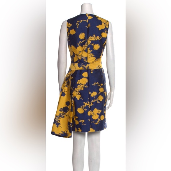 $2,300 Carolina Herrera A-Line Fit Flare Dress Navy Yellow Gold V-Neck 10 12 - Picture 3 of 3
